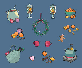 Set of Christmas mulled wine ingredients, decorations and holiday elements festive winter illustration
