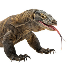Obraz premium Menacing Komodo dragon lizard reptile with tongue out. wild animal predator isolated. This powerful wildlife creature has scaly texture
