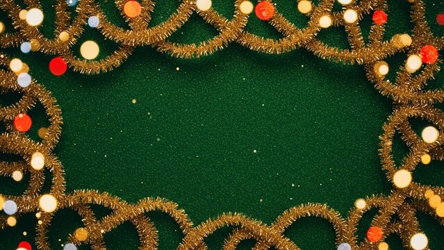 Festive gold tinsel garland frame with colorful lights on a textured green background - Powered by Adobe