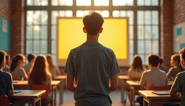 Boy stands at the front of a class. Students sit at desks facing screen. Sunlight shines through window in classroom. Education shot shows learning, studying with classmates.