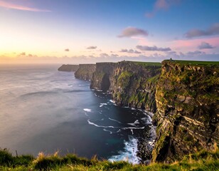 Dramatic Irish cliffs extend into the sea, bathed in the soft light of a colorful sunset