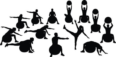 Silhouettes of people exercising with fitness balls, stretching and strengthening poses, black and white illustration, balance and flexibility workout theme