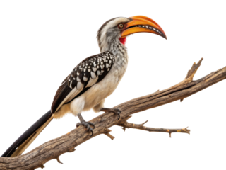 Alert yellow billed hornbill bird perched on dry branch. This African avian wildlife has big red throat and large yellow beak