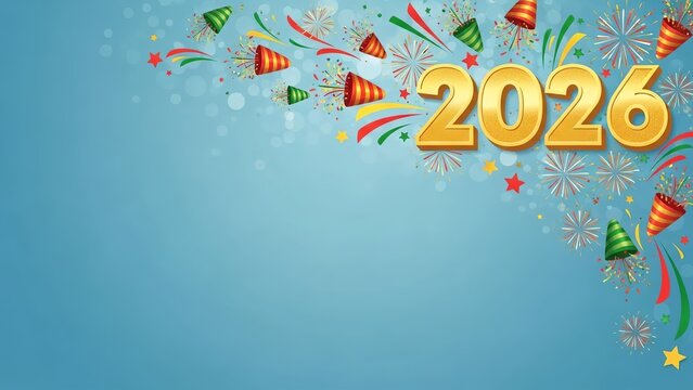 Golden year 2026 with confetti and party poppers on a light blue background design