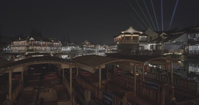 Elegant Traditional Architecture Lit Up by Festive Lights at Night. Zhujiajiao, Shanghai, China