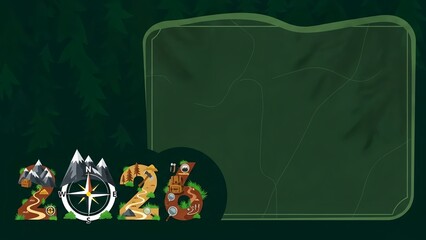 Illustration of the year twenty twenty six with a map theme and a green background