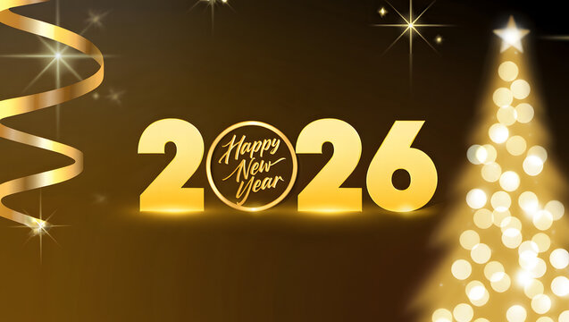 Radiant new year 2026 greeting with golden spiral ribbon and shimmering tree lights illuminating festive holiday banner on warm golden background - Powered by Adobe
