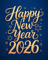 Happy new year 2026 golden calligraphy text on blue background