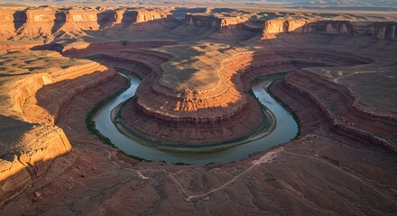 Aerial view of a winding river carving through a vast, reddish-orange desert canyon landscape
