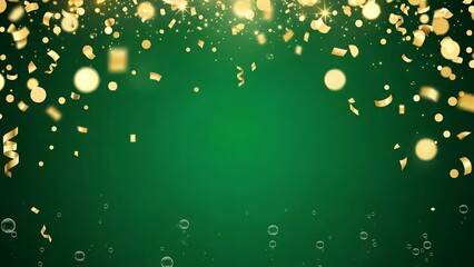 Festive green background with falling gold confetti and bokeh lights and bubbles below