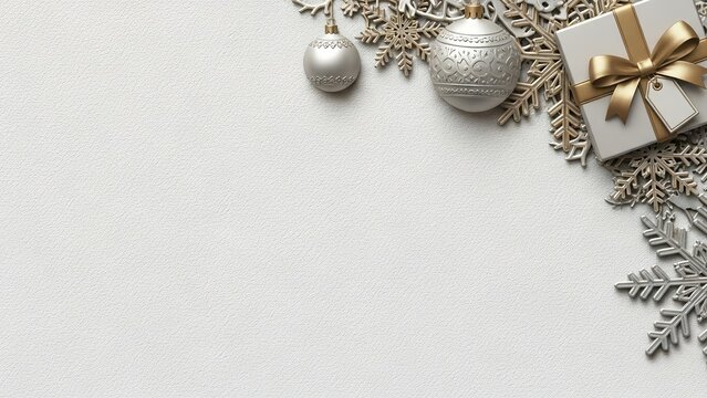 Elegant christmas arrangement with silver ornaments and gift box on white background