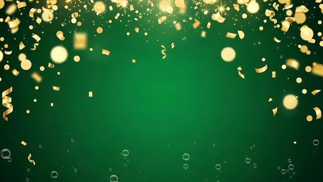 Festive green background with falling gold confetti and bokeh lights and bubbles below