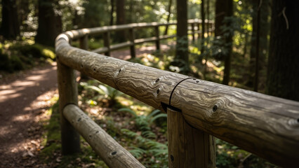 Curved wooden guardrail in forest surrounded by trees and greenery  