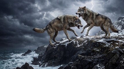 Fototapeta premium Two wolves facing off on a rocky cliff during a stormy night with lightning and turbulent ocean below
