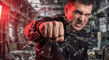 Angry man punching through a shattered glass window in an industrial setting with red lighting effects
