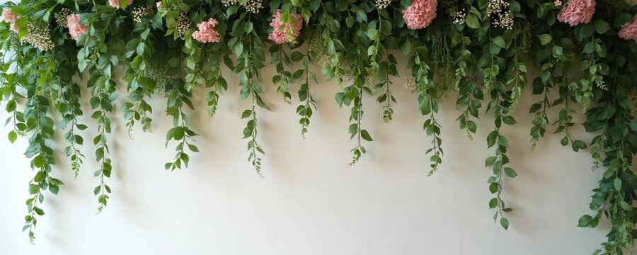 Decorative green plant garlands with pink, small white flowers hang on bright interior wall. Plants create beautiful natural decoration. Floral backdrop design suits wedding, party, spring summer