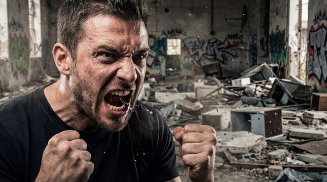 Angry man with clenched fists in a dilapidated, graffiti-covered room