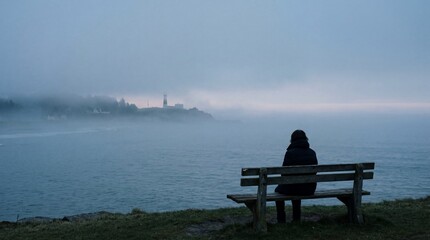 Person sitting on a bench overlooking a foggy coastline with a distant lighthouse