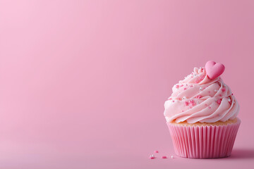 Pink cupcake with sprinkles and a heart suitable for bakery promotions, valentines day cards gifts, or sweet treat advertisements.