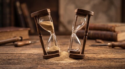 Two wooden hourglasses with sand on a rustic wooden table