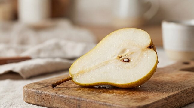 Freshly cut pear half resting on a wooden cutting board with a rustic kitchen background