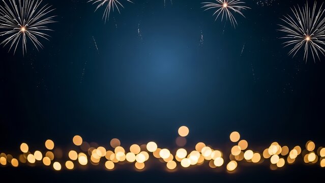A dark blue background with fireworks at the top and bokeh lights at the bottom edge - Powered by Adobe