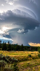 Dramatic, layered storm cloud hovering over a field, with distant mountain view