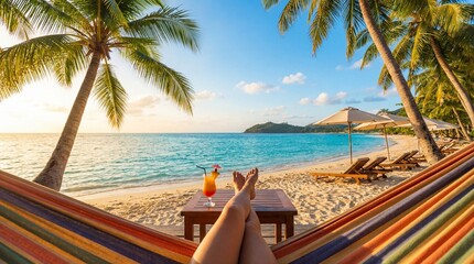 Relaxing tropical beach scene with colorful hammock, turquoise ocean, and palm trees at sunset
