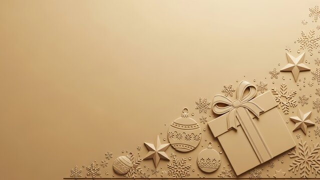 A christmas themed background with a gift box, ornaments, stars, and snowflakes design