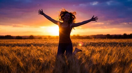 Joyful woman with arms outstretched in a golden field at sunset