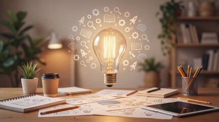 Creative workspace with glowing lightbulb surrounded by icons of innovation and learning