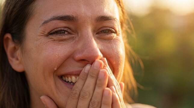Woman smiling with hands covering mouth in bright sunlight, tears of joy on cheeks