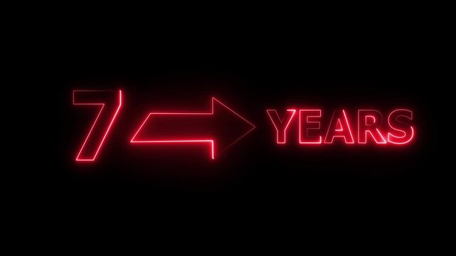 Neon count number. Count 7 -years neon sign. Neon celebrates year animation.
