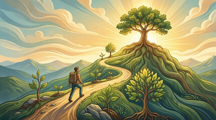 A traveler walks along a winding path in a vibrant landscape with growing trees and a radiant sunrise