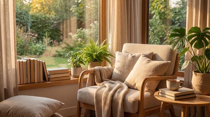 Fototapeta premium Cozy reading nook with large windows overlooking a lush garden, featuring comfortable armchair and potted plants