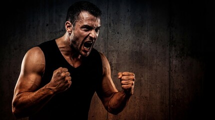 Muscular man in black tank top with intense expression and clenched fists against dark background