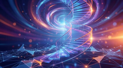 Abstract digital illustration of a glowing DNA helix with interconnected geometric shapes and vibrant cosmic background