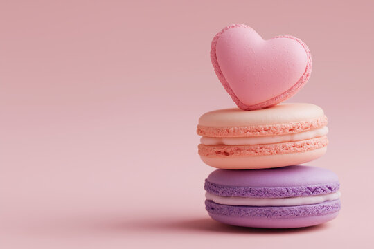 Three colorful macarons stacked with a heart shaped one on top. Perfect for valentines day, bakery shops, love themed designs, and desserts.