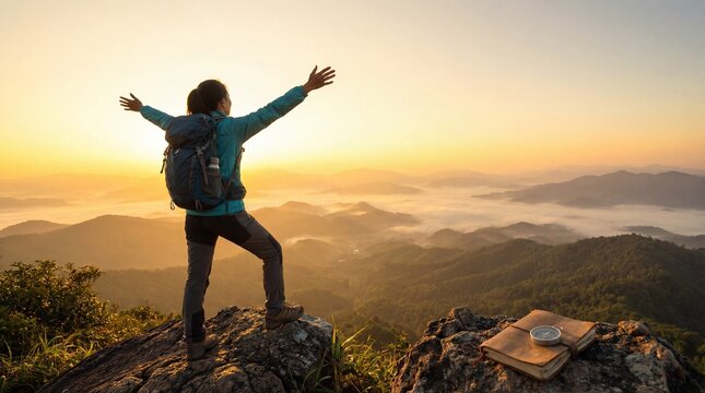 Hiker standing on a rocky cliff with arms outstretched at sunrise overlooking misty mountain valleys