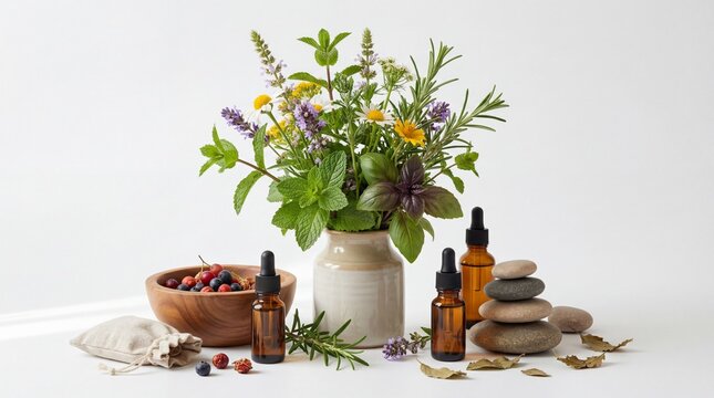 A serene arrangement of natural elements including a vase with vibrant flowers, essential oil droppers, fresh berries in a wooden bowl, stacked stones, and herbal leaves on a white background