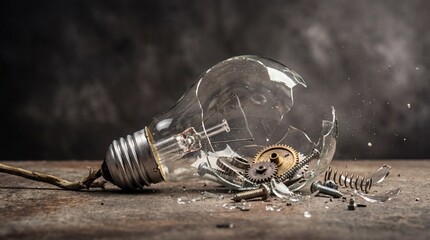 Shattered light bulb with exposed gears and scattered debris on a dark background