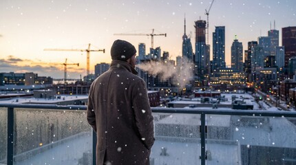Person in winter coat observing a snowy cityscape at dusk with tall buildings and construction cranes