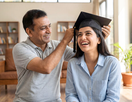 Indian father gently placing graduation cap on daughter symbolizing career success and achievement  - Powered by Adobe