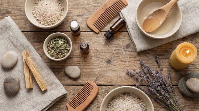 A serene arrangement of natural spa items including salts, herbs, oils, wooden combs, stones, and a candle on a rustic wooden table