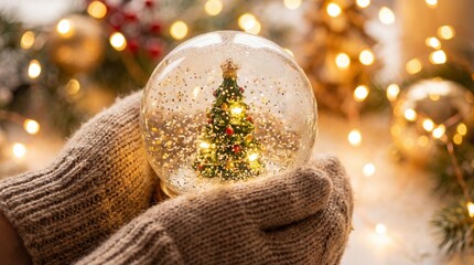 A cozy hand holding a snow globe with a miniature Christmas tree inside, surrounded by warm holiday lights and festive decorations
