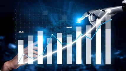 This image presents a futuristic robot hand pointing at a growing financial graph, symbolizing the merging of technology and business in the digital age. Copula