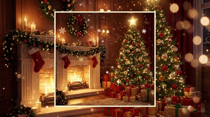Cozy Christmas living room with decorated fireplace, festive tree, and wrapped gifts in warm holiday ambiance