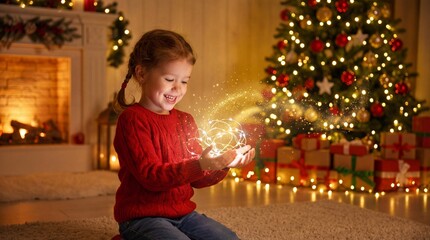 A joyful child holding magical glowing lights in front of a beautifully decorated Christmas tree with presents
