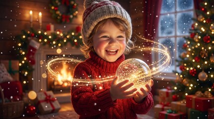 Joyful child holding a glowing snow globe in a festively decorated Christmas living room with twinkling lights and decorations