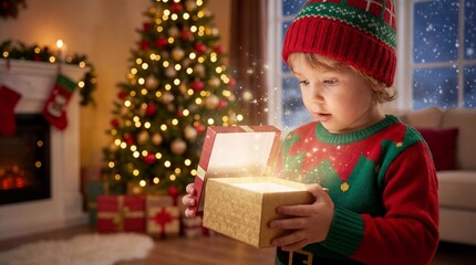 Child in festive sweater opening a glowing gift box with magical sparkles during Christmas celebration